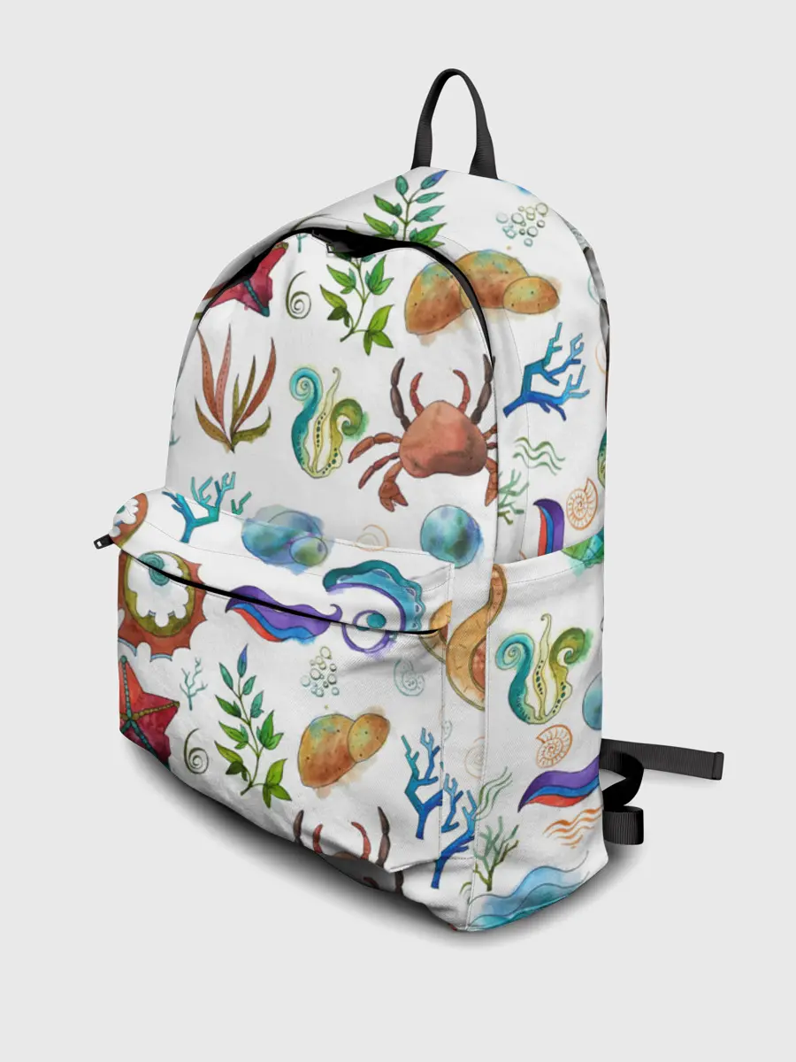 Рюкзак джинсовый / Морской паттерн с крабами и водорослями