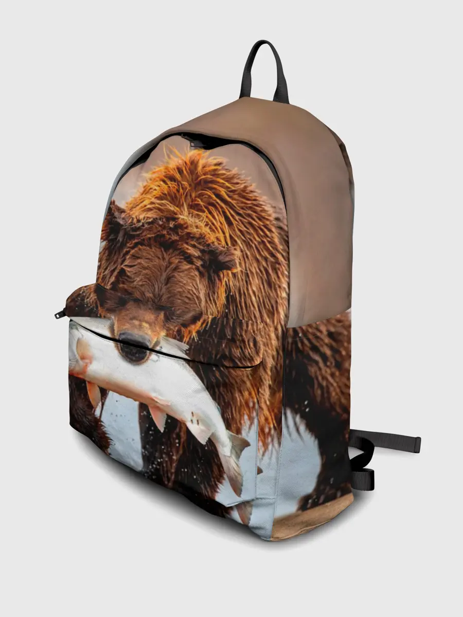 Рюкзак джинсовый / Медведь с рыбой во рту