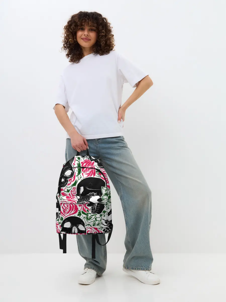 Рюкзак джинсовый / Череп, розы, цветы, зубы