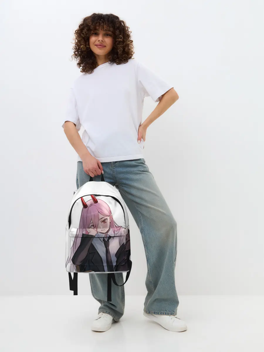 Рюкзак джинсовый / Пауэр скучает на белом фоне