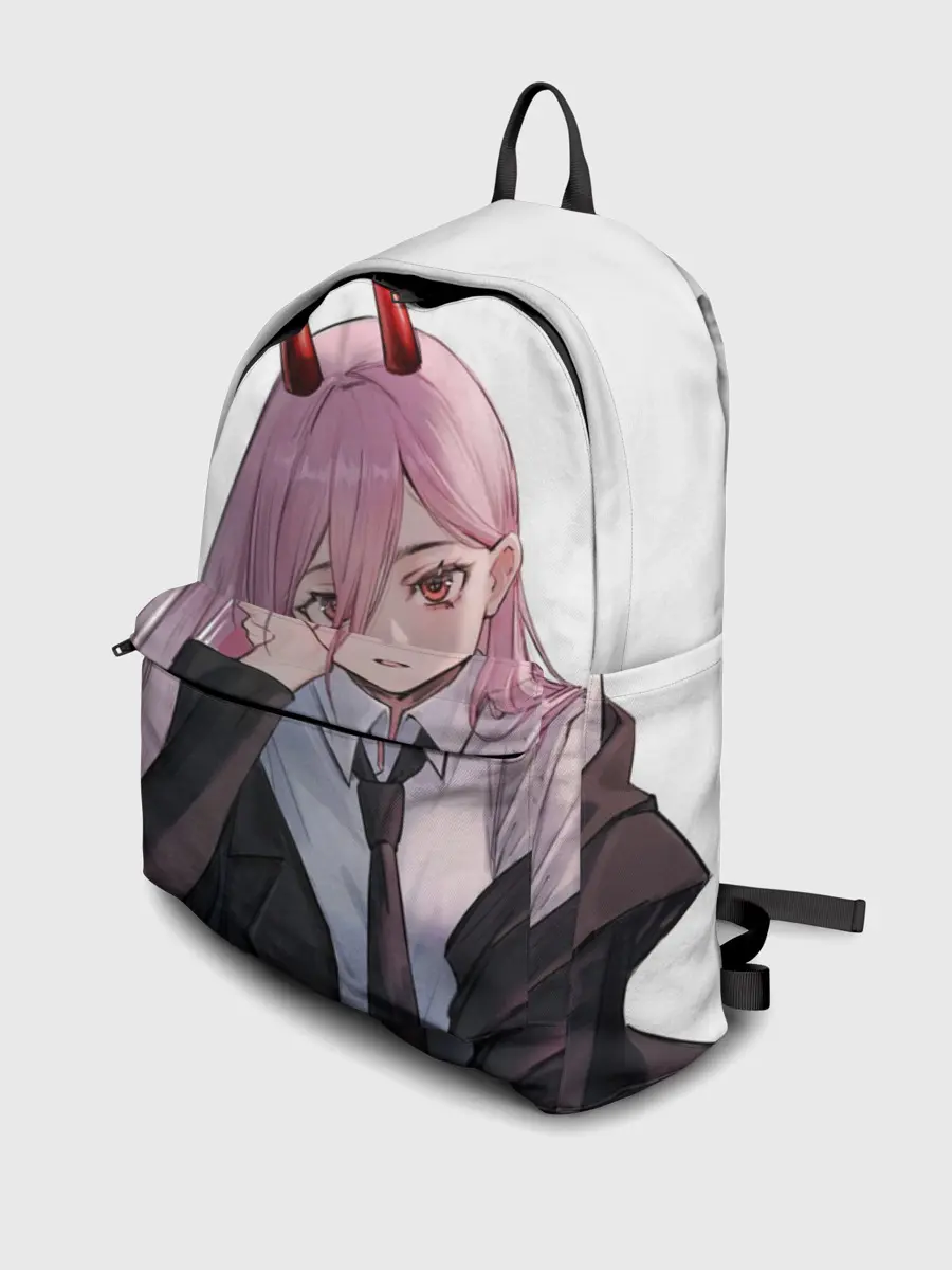 Рюкзак джинсовый / Пауэр скучает на белом фоне