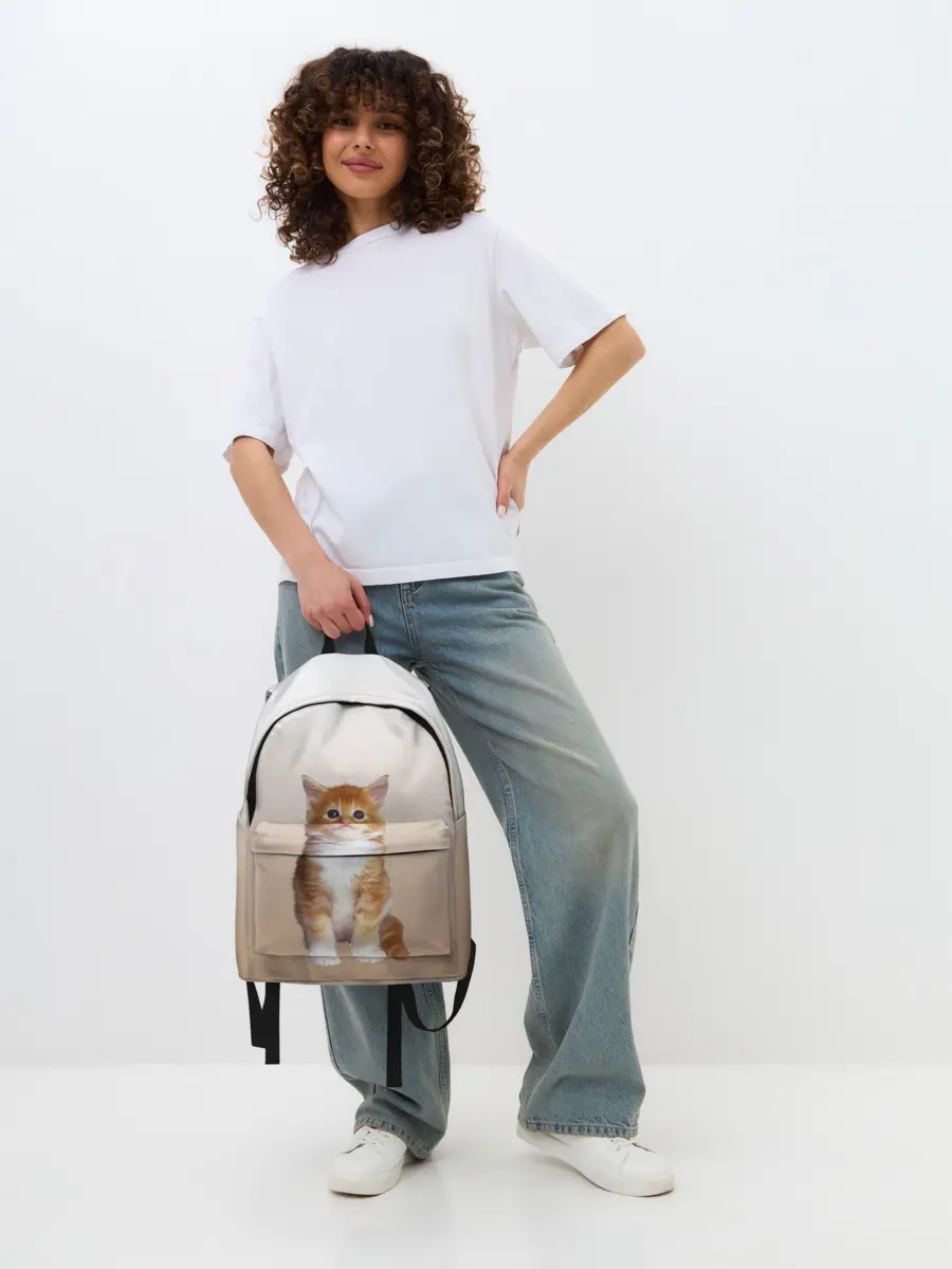 Рюкзак джинсовый / бело-рыжий котенок реализм