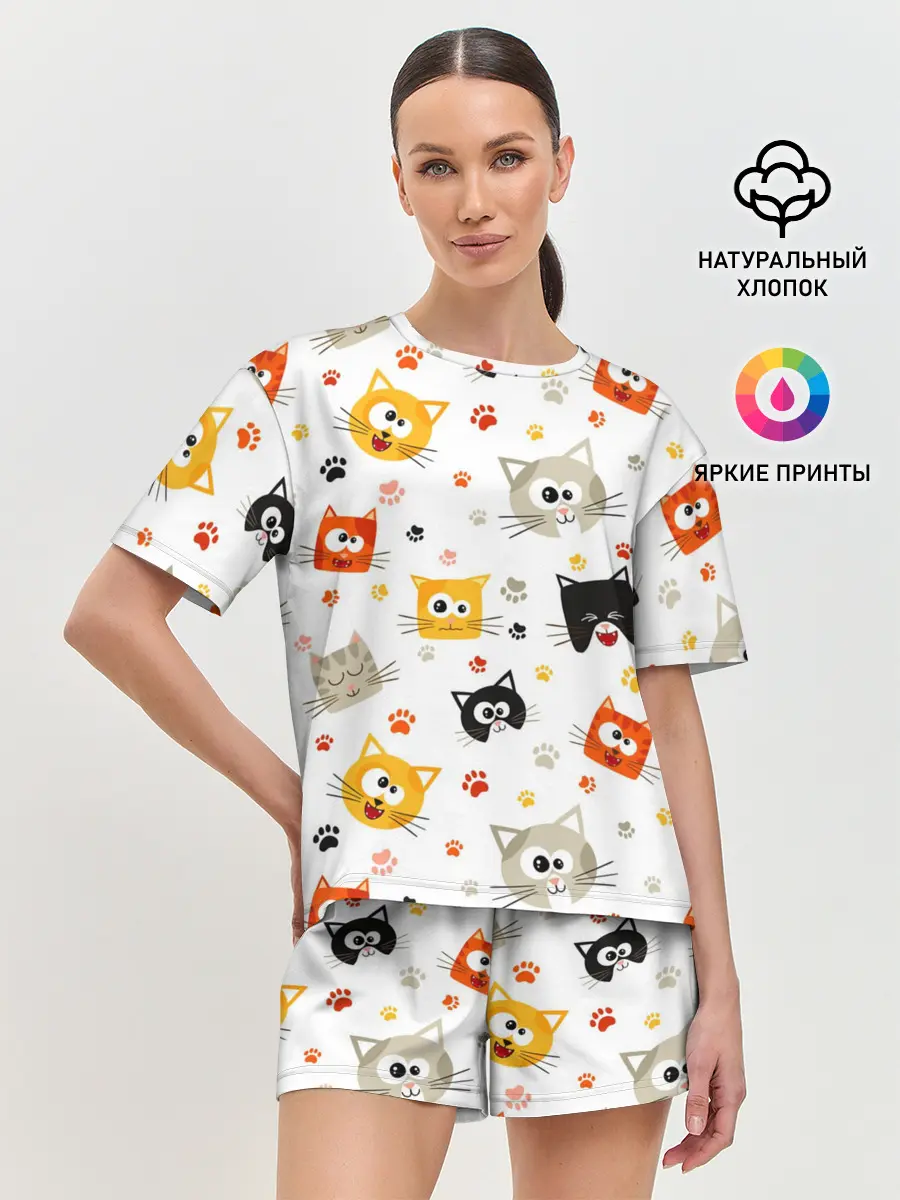 Женская пижама с шортами / Котики с лапками