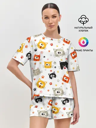Женская пижама с шортами / Котики с лапками