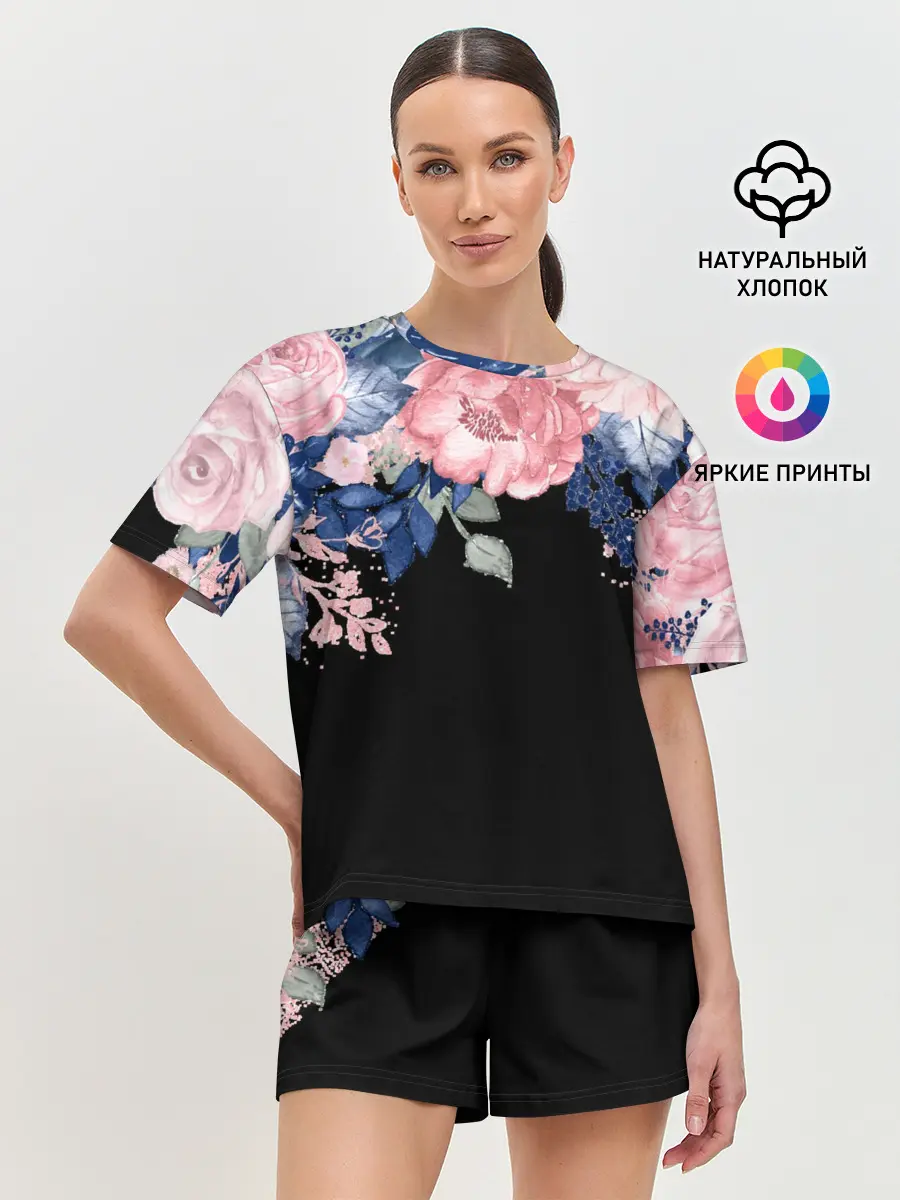 Женская пижама с шортами / цветы на черном