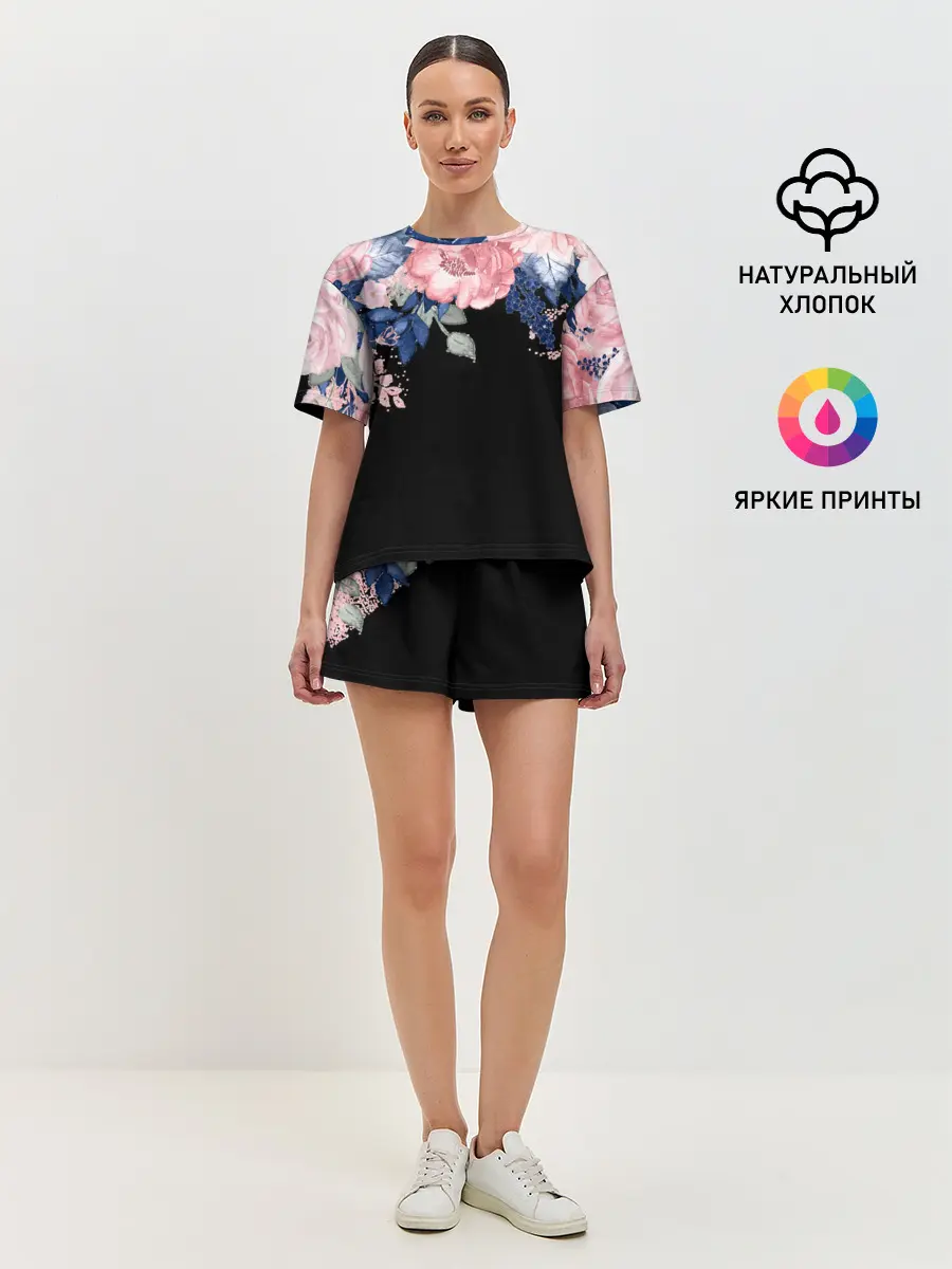 Женская пижама с шортами / цветы на черном