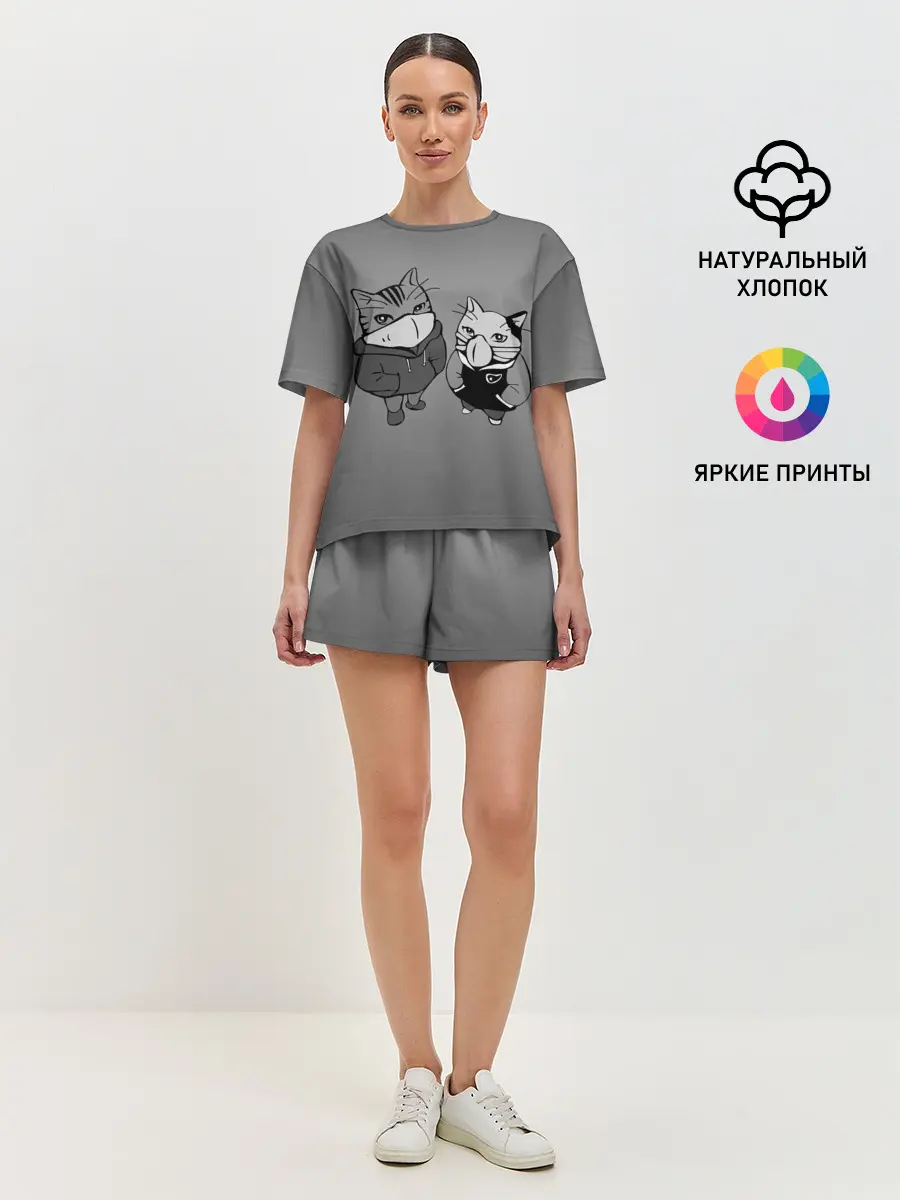 Женская пижама с шортами / Котики в масках