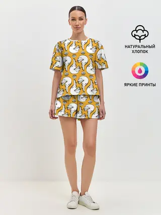 Женская пижама с шортами / Белая кошка и корм