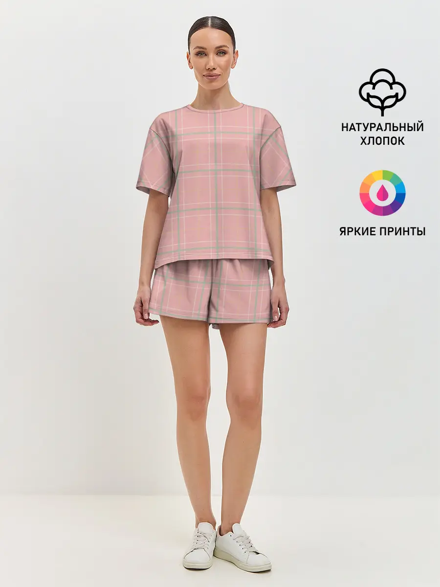 Женская пижама с шортами / Шотландка Розовая