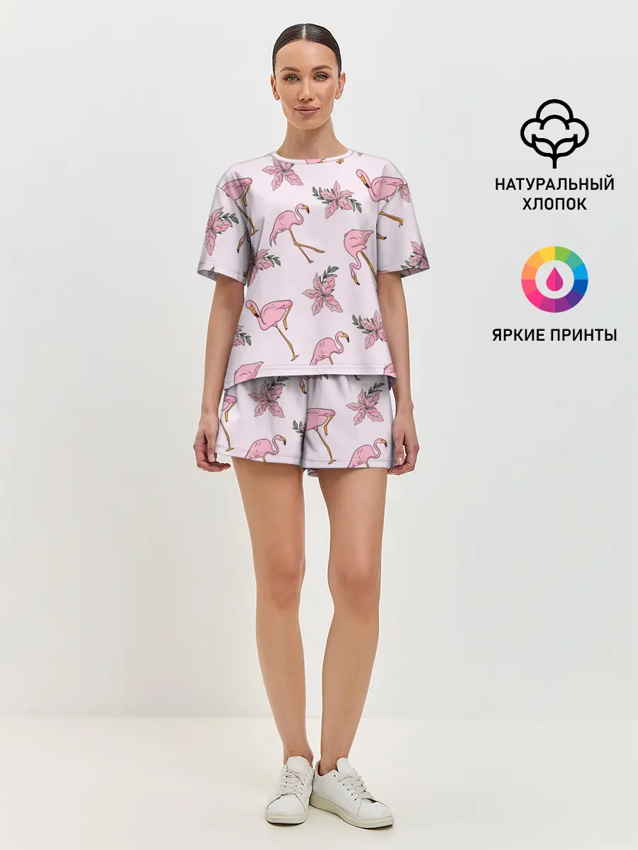 Женская пижама с шортами / Розовый фламинго