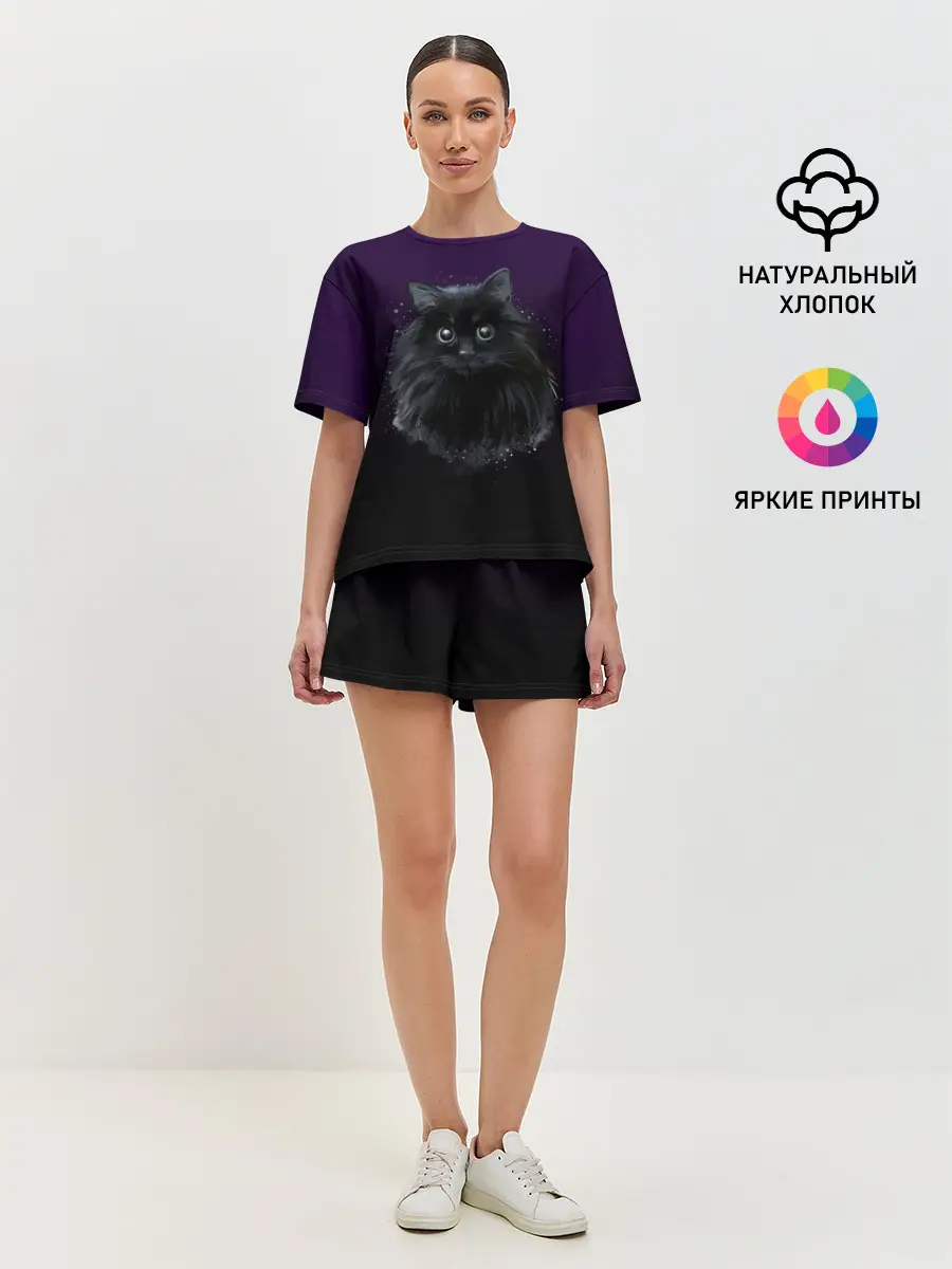 Женская пижама с шортами / черный кот на фиолетовом фоне