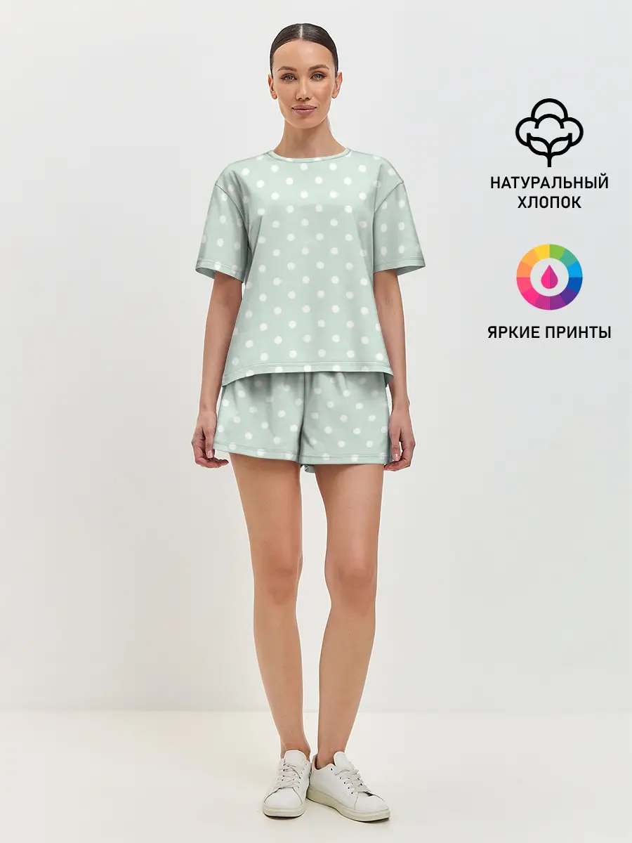 Женская пижама с шортами / белый горох