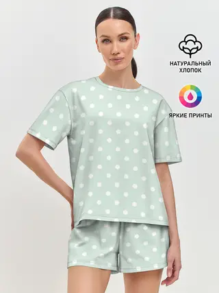 Женская пижама с шортами / белый горох