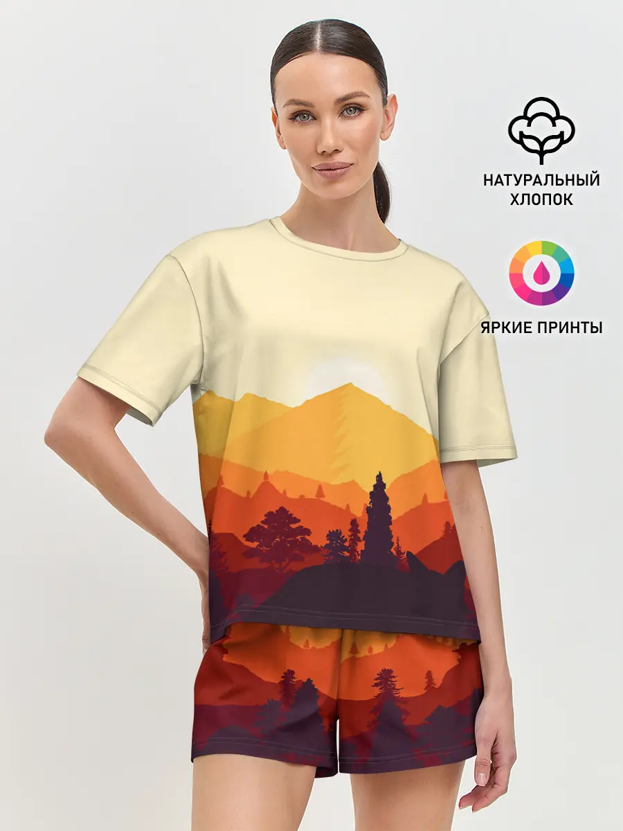 Женская пижама с шортами / Горы закат пейзаж лиса арт