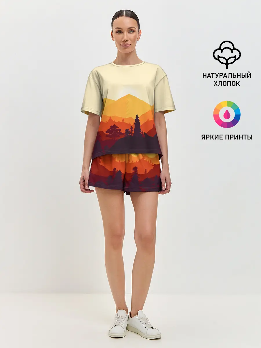 Женская пижама с шортами / Горы закат пейзаж лиса арт