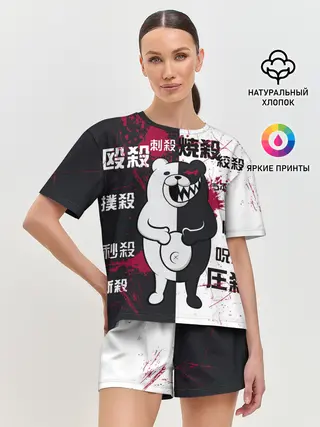 Женская пижама с шортами / monokuma с пупком и иероглифами