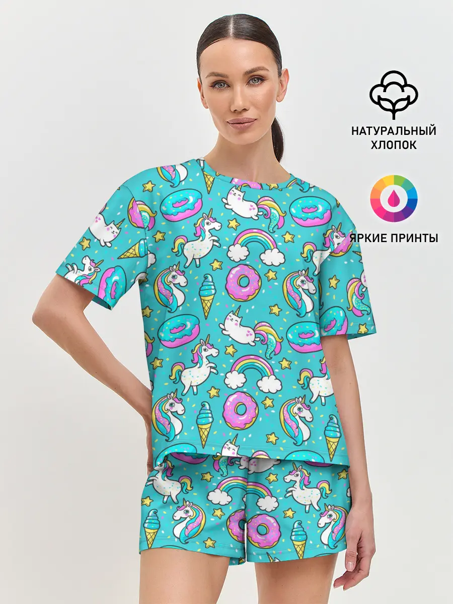 Женская пижама с шортами / Turquoise unicorn