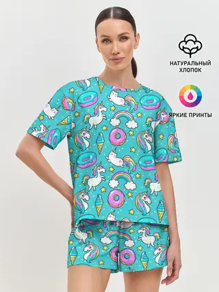 Женская пижама с шортами / Turquoise unicorn
