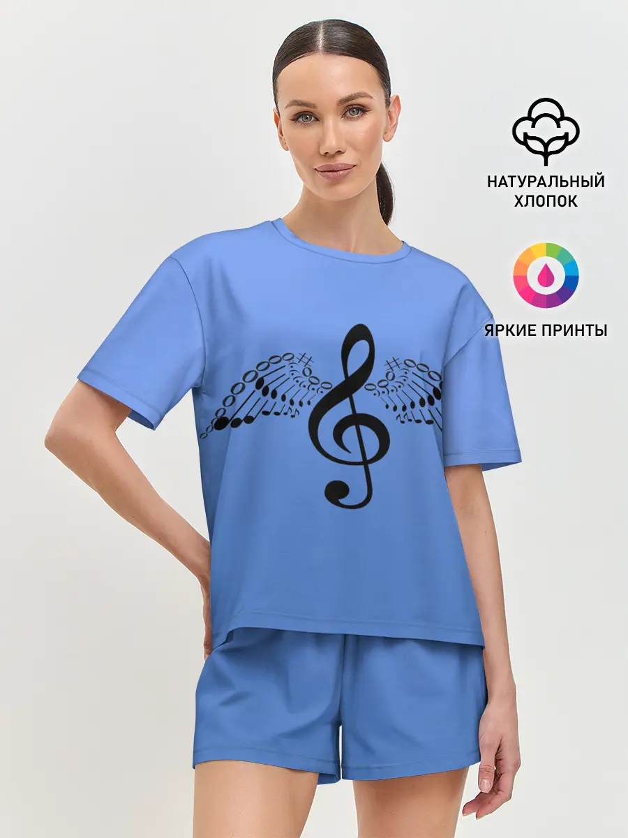Женская пижама с шортами / Скрипичный ключ и крылья ноты