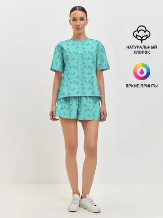 Женская пижама с шортами / Зеленые птицы летний узор