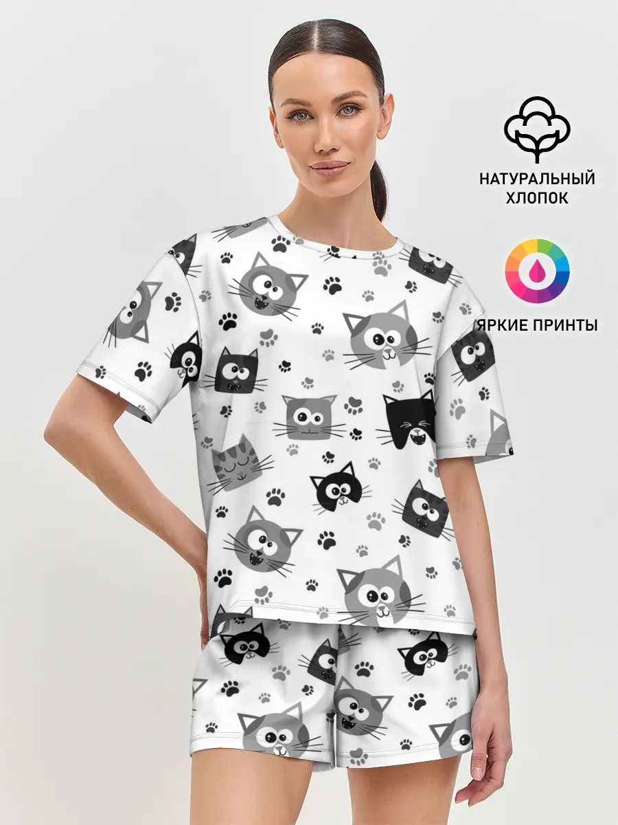 Женская пижама с шортами / Котики | ЧБ