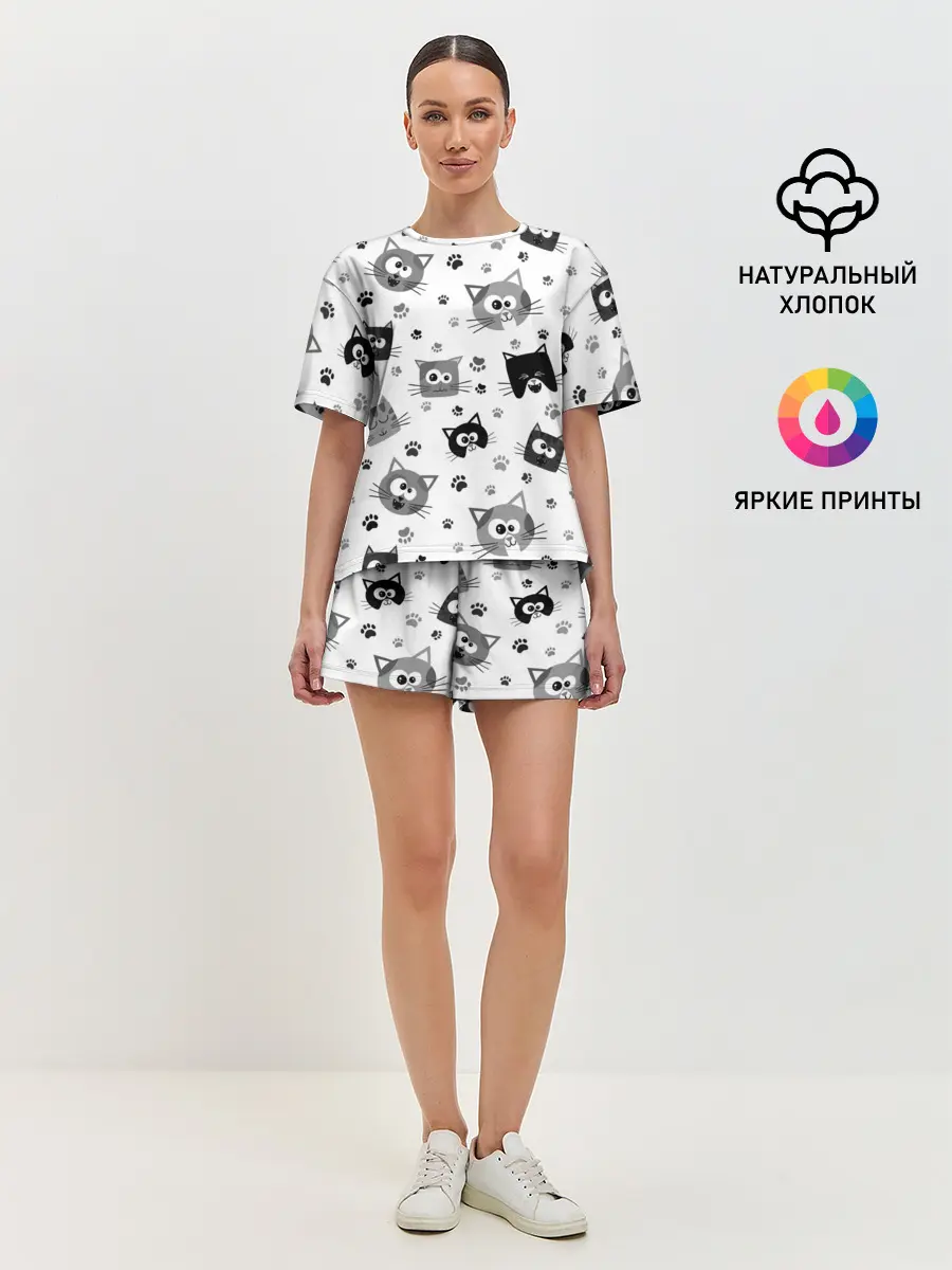 Женская пижама с шортами / Котики | ЧБ