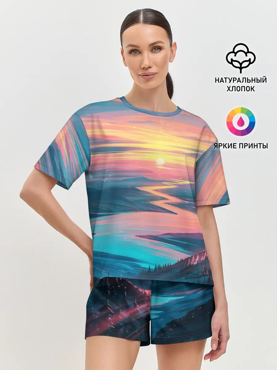 Женская пижама с шортами / Извилистая река закат природа
