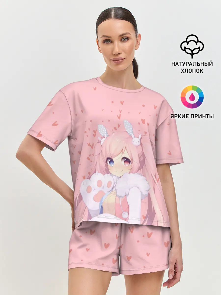 Женская пижама с шортами / Catgirl pink
