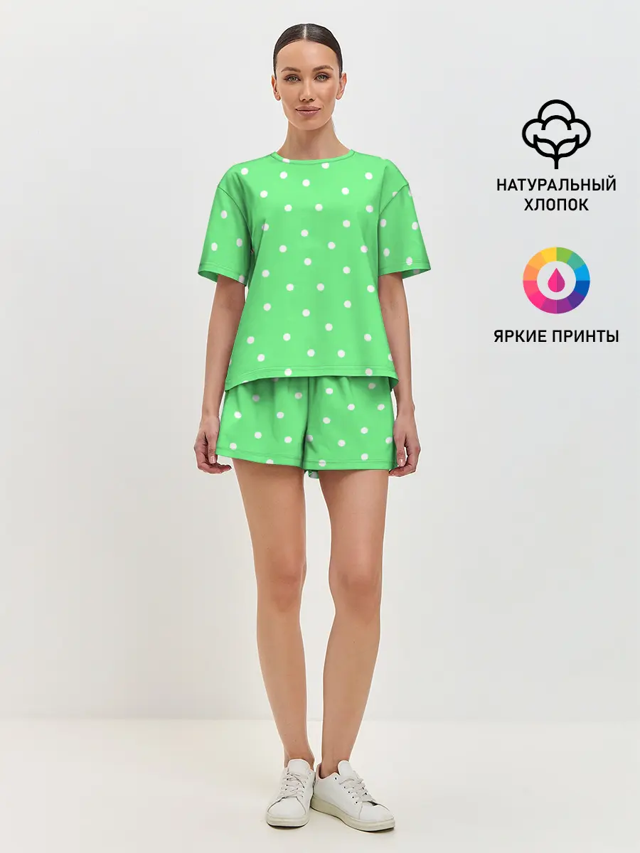 Женская пижама с шортами / Горошек на зеленом