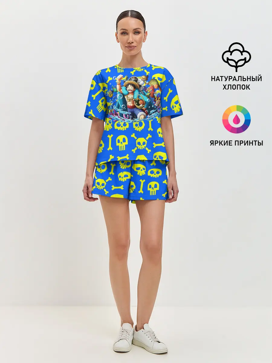 Женская пижама с шортами / Веселый Монки. Синий фон череп и кости