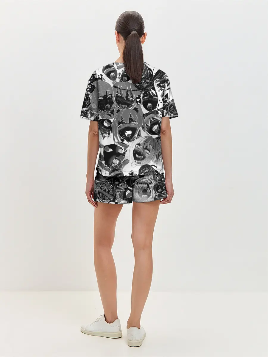 Женская пижама с шортами / Ахегао паттерн черный