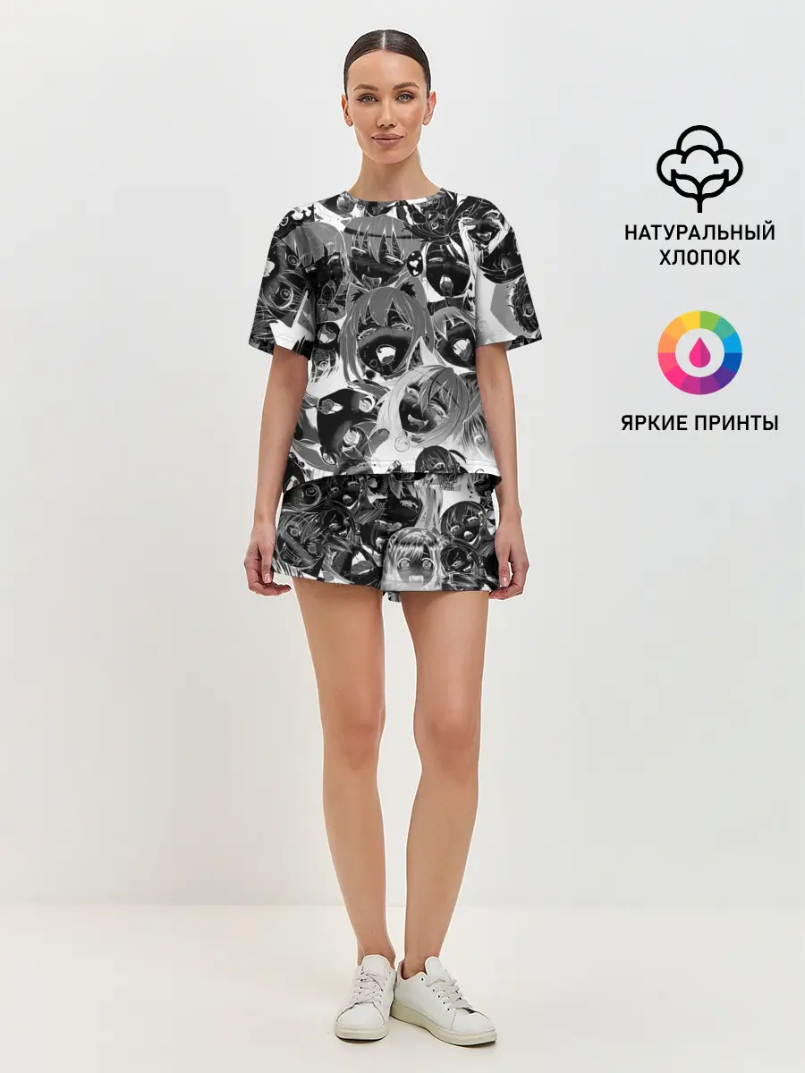 Женская пижама с шортами / Ахегао паттерн черный