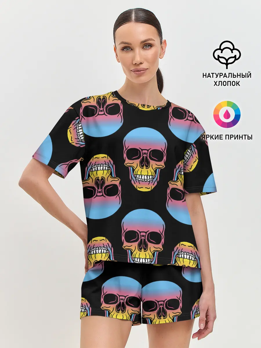 Женская пижама с шортами / Neon skull