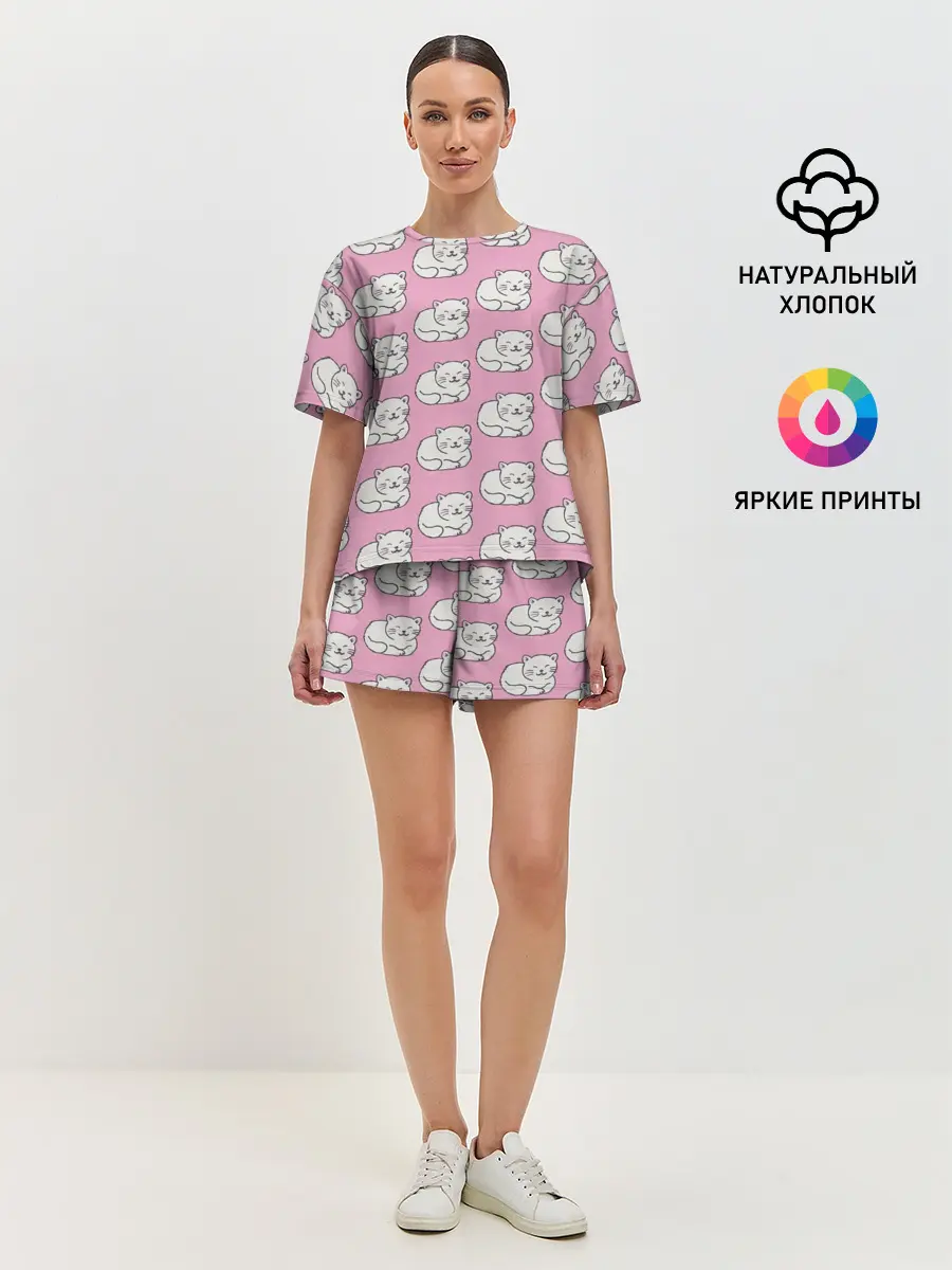 Женская пижама с шортами / Белая кошка