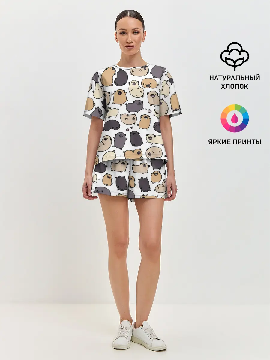 Женская пижама с шортами / Милые мопсы