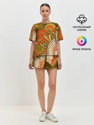 Женская пижама с шортами / Детский оранжево-болотный