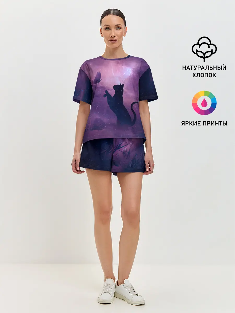 Женская пижама с шортами / Бабочка кот силуэт фиолетовый
