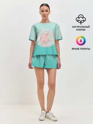 Женская пижама с шортами / розовый единорог в небесах