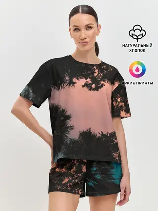 Женская пижама с шортами / Пальмы вид снизу закат