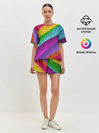 Женская пижама с шортами / Яркая мозаика радуга диагональ