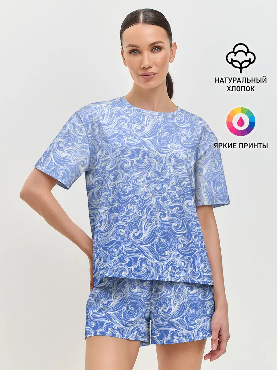 Женская пижама с шортами / Волны на голубом фоне