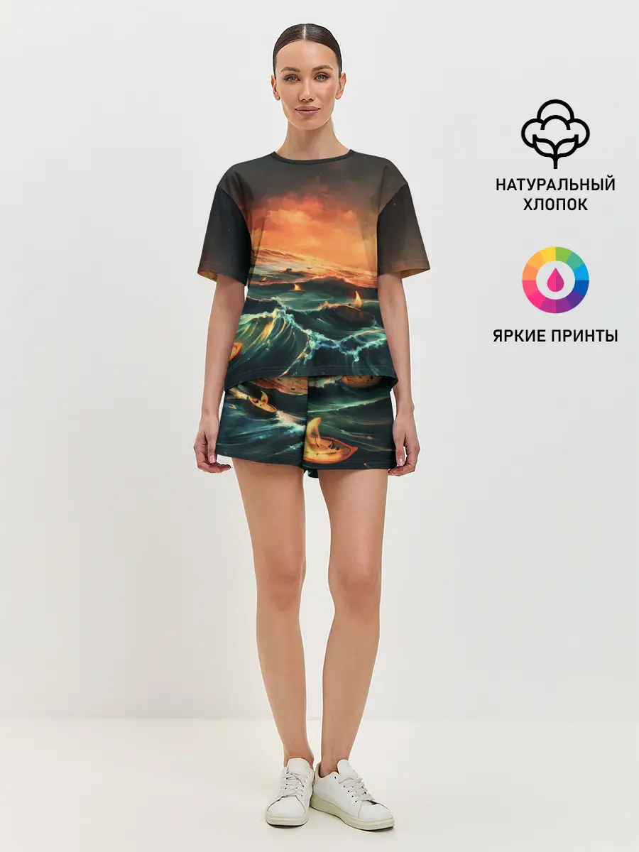 Женская пижама с шортами / Фэнтези море корабли закат