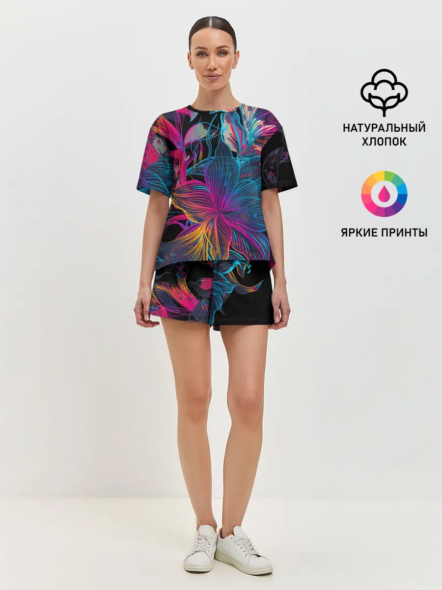 Женская пижама с шортами / Flowers | Неон