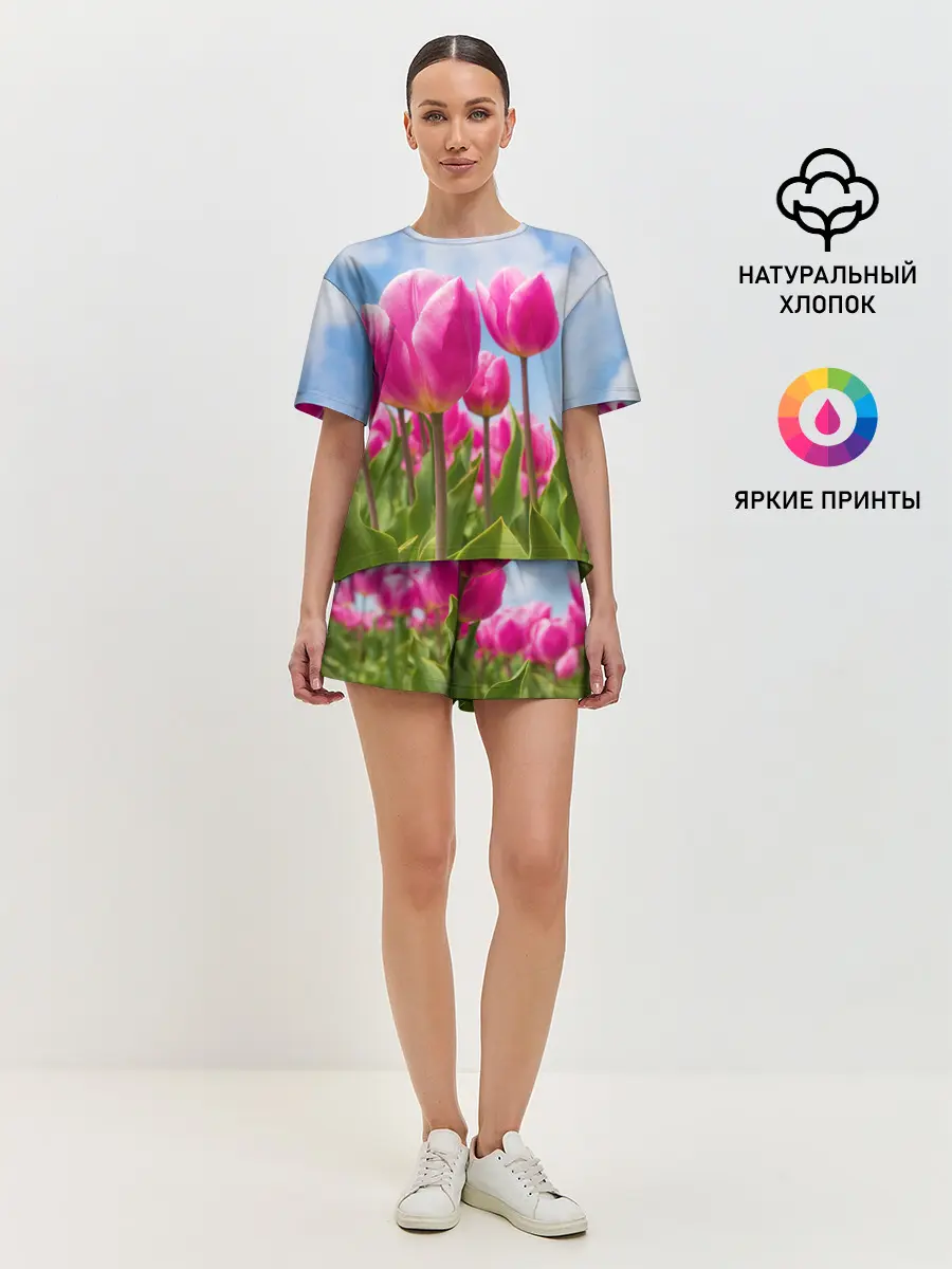 Женская пижама с шортами / Розовые тюльпаны