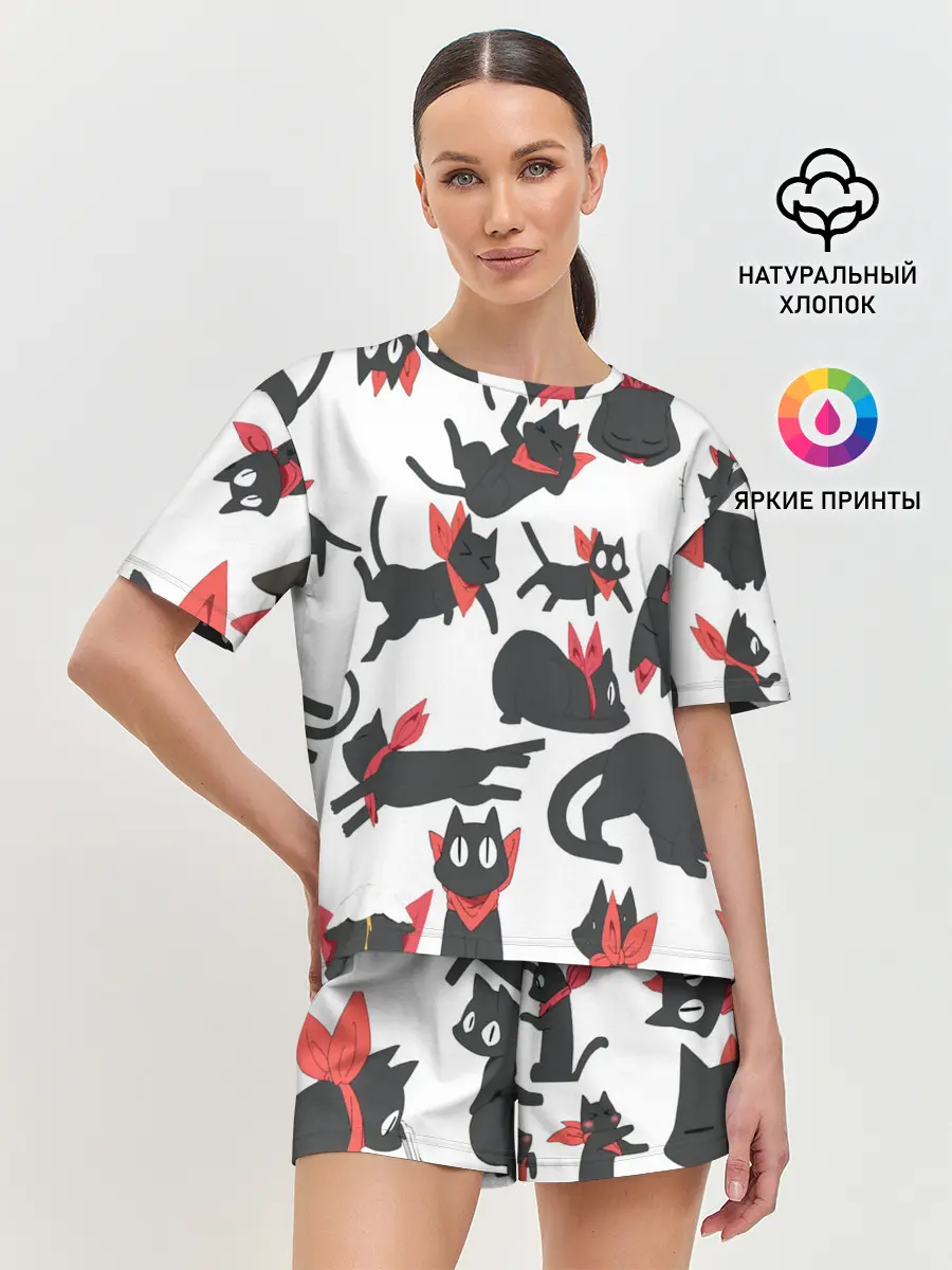 Женская пижама с шортами / Черный котик