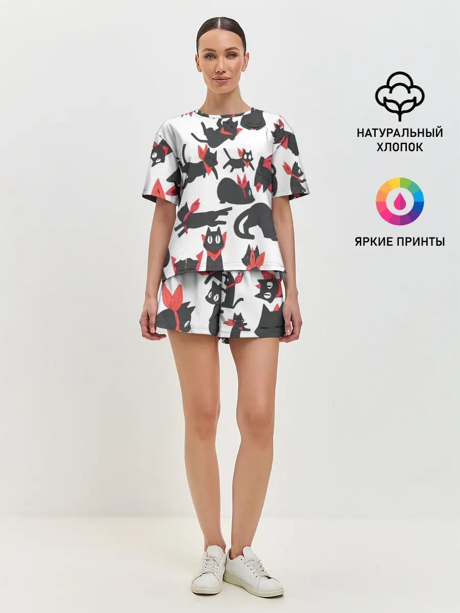 Женская пижама с шортами / Черный котик