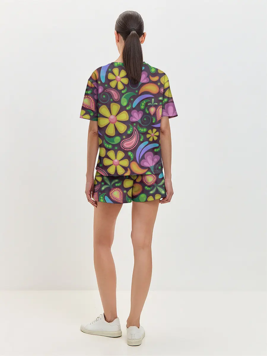 Женская пижама с шортами / летние цветы узор на темном