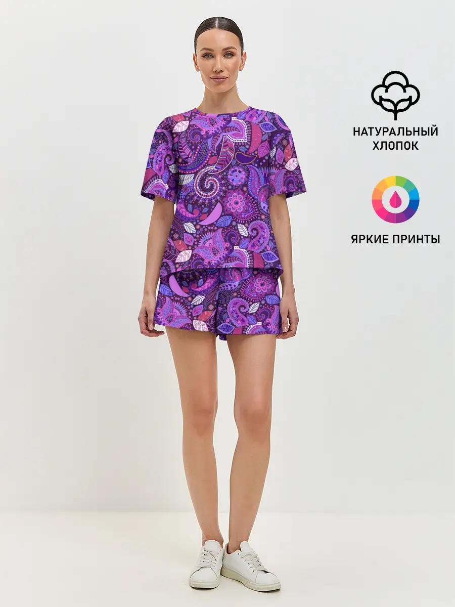 Женская пижама с шортами / фиолетовый этнический дудлинг