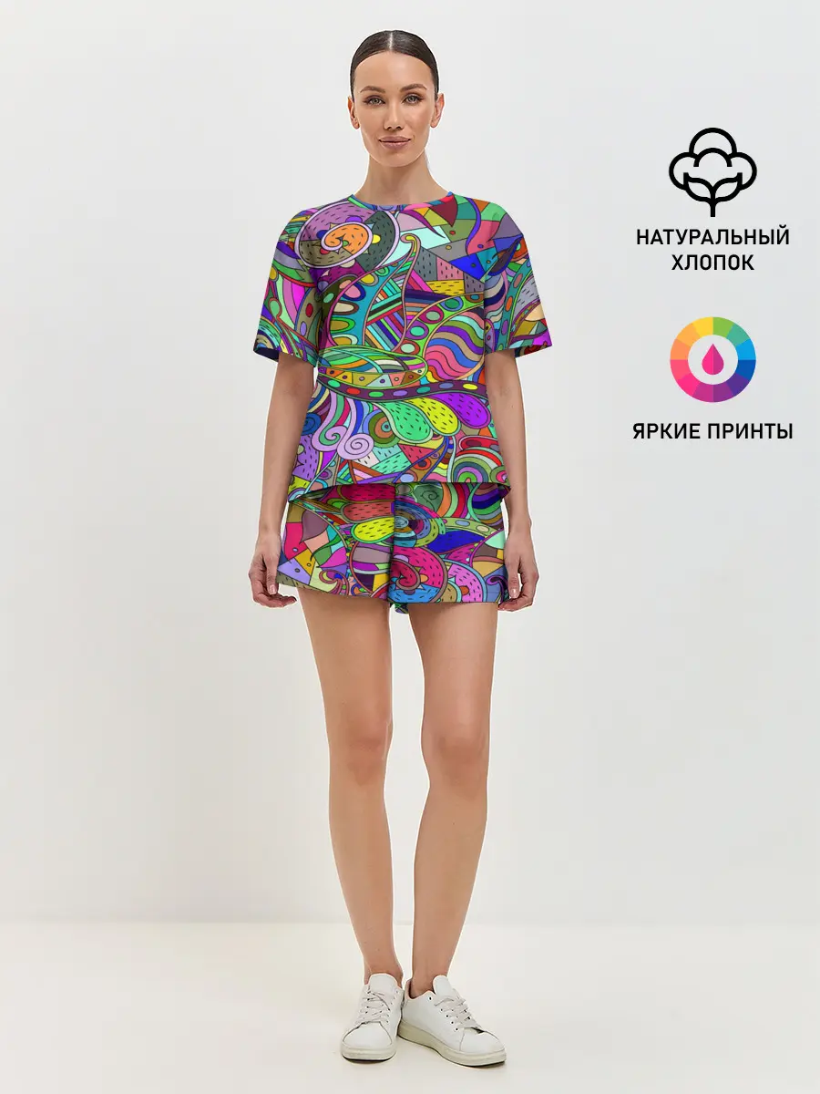 Женская пижама с шортами / Дудлы узор разноцветный хиппи