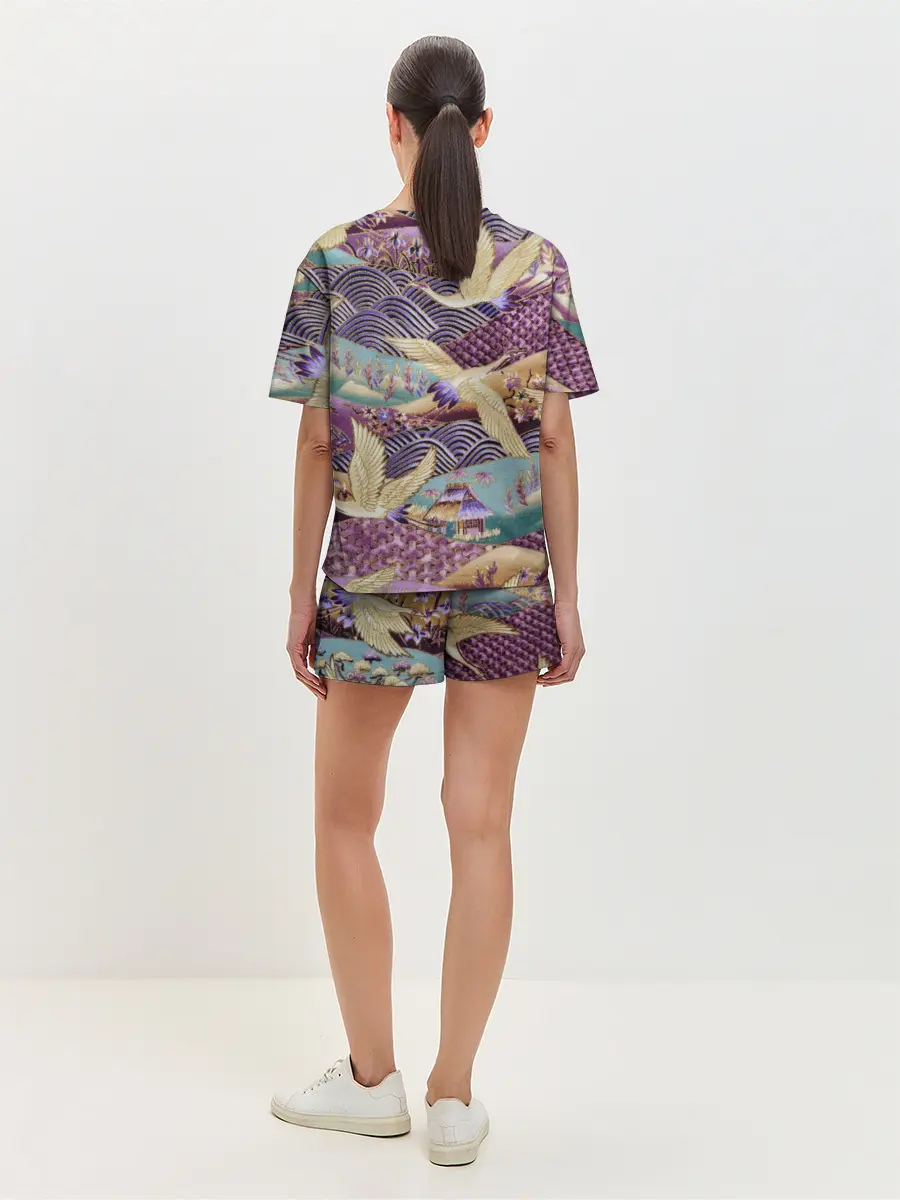 Женская пижама с шортами / Японская вышивка с журавлями